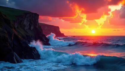 Sunset's fiery hues paint dramatic waves crashing against rugged cliffs , energy, wild ocean