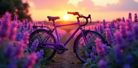 Naklejka premium Vibrant purple bicycle rests amidst blooming lavender at sunset , vintage, photography