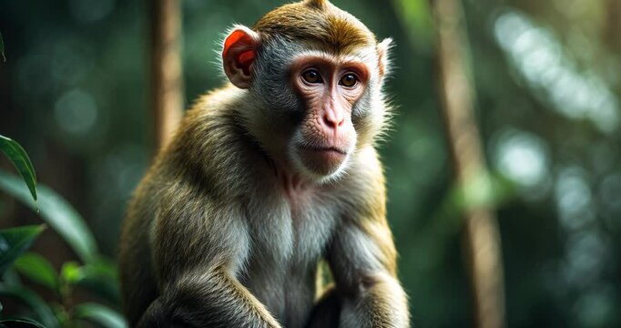 Close-up of a monkey gazing ahead. Monkey positioned against a backdrop.