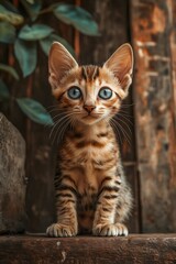 Bengal Kitten Wooden Background.