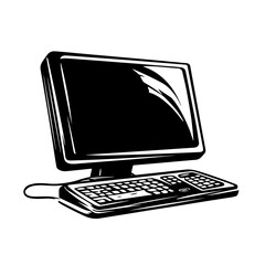 black vector of desktop computer with monitor and keyboard, tech office equipment