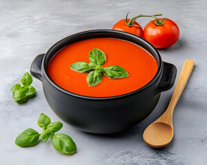 Creamy tomato soup in black bowl, garnished with basil, served with fresh tomatoes and wooden spoon