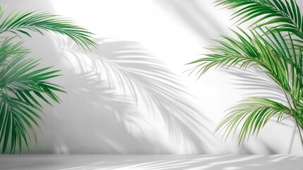 白い壁の背景にヤシの木の緑の葉っぱとその影