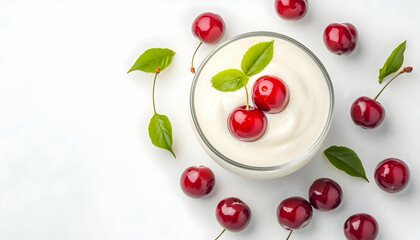 Creamy yogurt with fresh cherries and leaves in a glass bowl