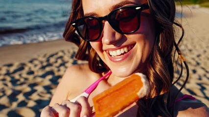 Beautiful woman with long brown hair and sunglasses. Wearing a pink and white bikini. Smiles as she savors a refreshing orange popsicle on a sunny beach with the ocean waves gently lapping the shore - Powered by Adobe