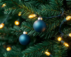Dark teal ornaments adorn a Christmas tree, illuminated by warm fairy lights
