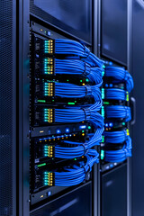 Data center server rack with numerous blue network cables