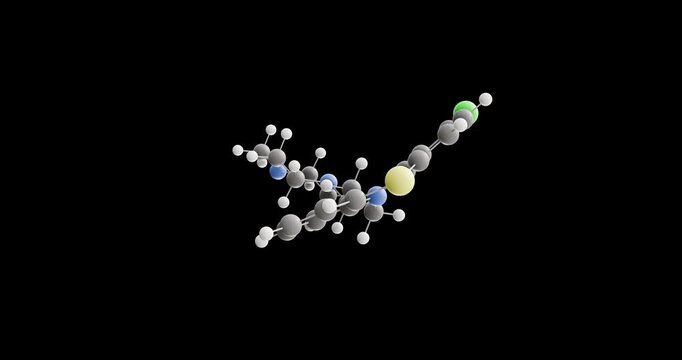 Prochlorperazine molecule, rotating 3D model of antipsychotics, looped video on a black background