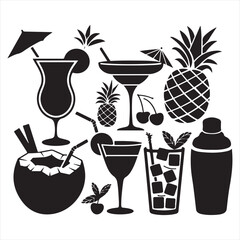 set vector various tropical drink, coconut drink clipart, glass tropical drink silhouettes