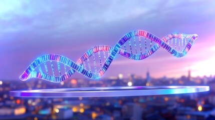 Fototapeta premium Futuristic visualization of genetic technology featuring a digital DNA strand at sunset