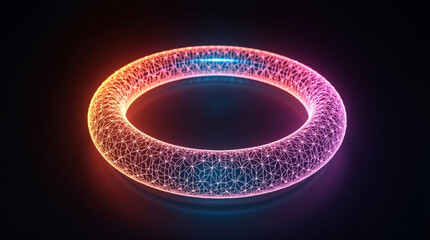 Glowing neon ring with vibrant blue and red lights, set against a dark background.
