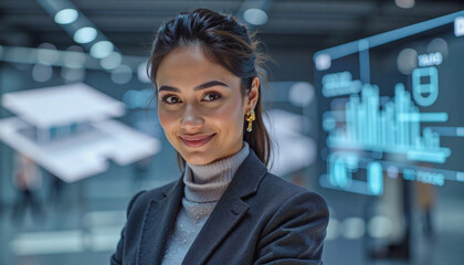 A portrait headshot photo of a friendly professional CEO executive business worker: A confident young woman with dark hair and fair skin smiles directly at the viewer while wearing a gray suit an