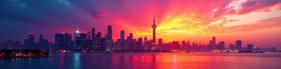 Fototapeta premium Sunset hues paint a vibrant modern city skyline , colors, sunset cityscape