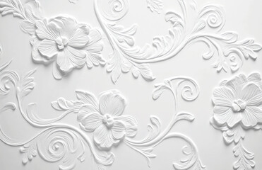 White floral embossed pattern with swirling leaves and flower designs on a textured background
