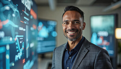 A portrait headshot photo of a friendly professional CEO executive business worker: A smiling, middle-aged man with a neatly groomed beard confidently poses in front of a large screen displaying 