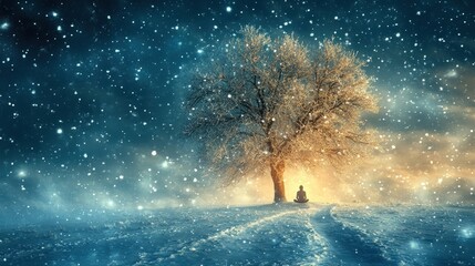 Obraz premium Woman meditates snowy field, winter tree, calm background; spiritual peace