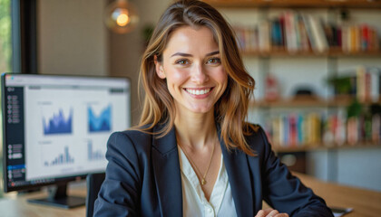 A portrait headshot photo of a friendly professional CEO executive business worker: A smiling businesswoman with light brown hair sits at a desk in front of a computer displaying data charts, app
