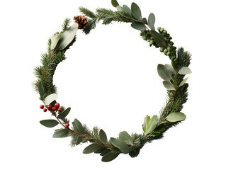 Fototapeta premium Minimalist Holiday Wreath with Greenery, Pine Cones, and Red Berries on White Background