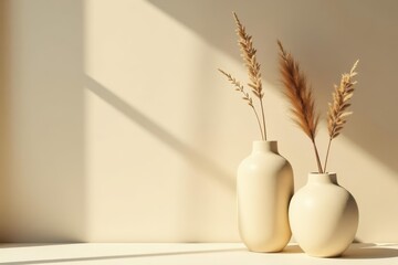 Sunlit beige pottery vases, dried flowers, minimalist aesthetic, style, elegant