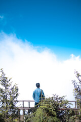 Obraz premium A man stands on a bridge looking out over a forest