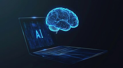 Futuristic AI Brain Hologram Above Laptop – A Vector Illustration of Machine Learning, Neural Networks, and Data Processing in Technology