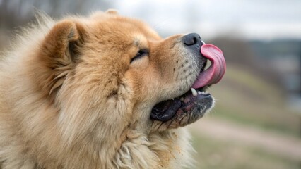 A fluffy chow chow with a long tongue sticking out. It looks happy and playful, with a cute expression on its face. The dog has a reddish-brown coat, a black nose, and a pink tongue.