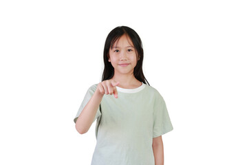 Fototapeta premium Pretty Asian girl pointing index fingers straight at you posture isolated on white studio background.