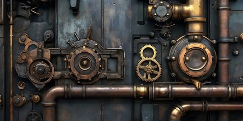Intricate arrangement of vintage machinery components showcasing gears and pipes in a steampunk style