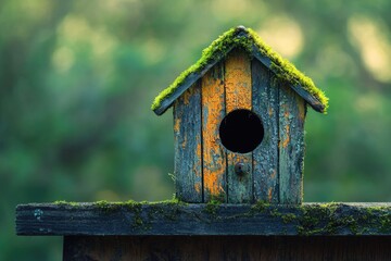 Rustic birdhouse with mossy roof stands on a weathered wooden platform, nestled in lush green background.