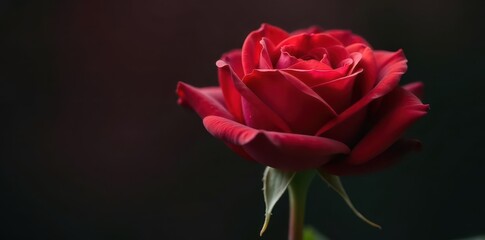 Deep red rose with velvety petals, delicate stem, single, romantic
