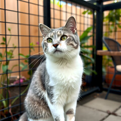 Grey and white cat in an outdoor enclosure called a catio in a garden setting