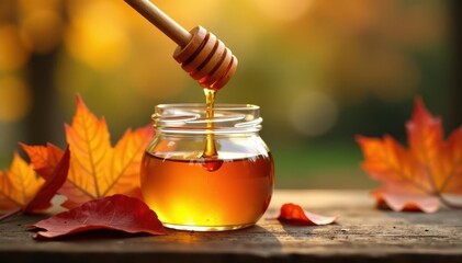 Golden honey streams from dipper into glass jar, autumn leaves backdrop, syrup, bees, food