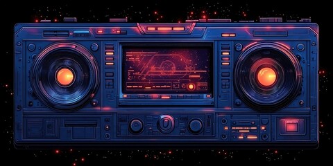 Fototapeta premium Retro futuristic boombox depicting vibrant colors and glowing displays against a cosmic background