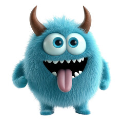 Naklejka premium 3D cartoon, a happy, cute blue furry monster with horns and big eyes sticking out its tongue, on a white background, png