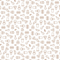 Seamless pattern on food theme with burgers, pizza and drinks in graphic vintage style on transparent isolated background for packaging design, greeting cards, web sites and for printing on textiles