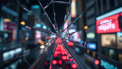 Shattered Glass Neon Cityscape Reflection