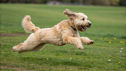 a playful dog leaping joyfully through a vibrant green field