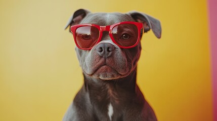 Cool Dog with Red Sunglasses Against Colorful Wall 