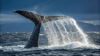 Naklejka premium A majestic whale's tail emerging from the ocean, creating a beautiful display of water