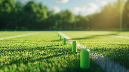 A field of green grass with a white line and green markers leading to trees in the background