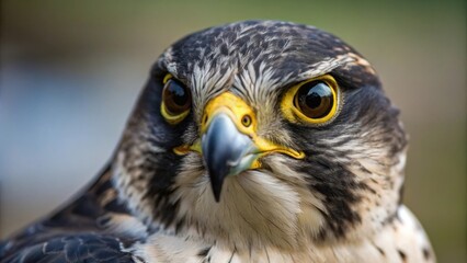 Obraz premium a close-up portrait of a majestic falcon, its intense gaze fixed towards the viewer, with a piercing stare. The bird's sharp beak and textured feathers are clearly visible