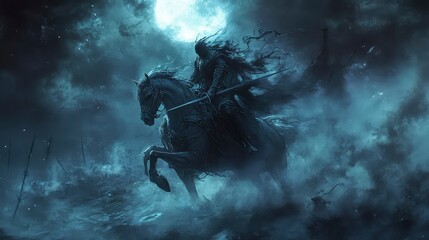 Dark Knight Riding Through a Misty Battlefield Under a Full Moon