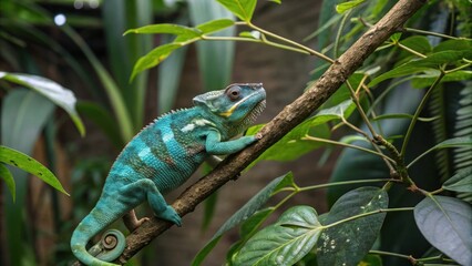 Fototapeta premium A vibrant chameleon perched on a branch, showcasing its intricate patterns and colors amid lush greenery. This image captures the essence of the animal and its environment