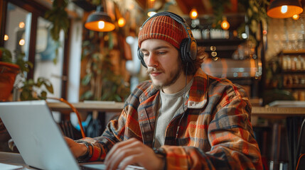 **A Young Man Working On A Digital Tablet In A Coffee Shop, Headphones On, Remote Work Vibe, Warm Tones --Ar 16:9 --V 6.0 --Style Raw --S 250** - @Darya (Relaxed)