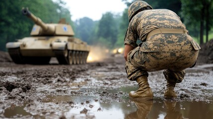 Fototapeta premium Soldier in World War II attire looks back at a Soviet tank as rain falls over a muddy field, evoking a sense of historical tension
