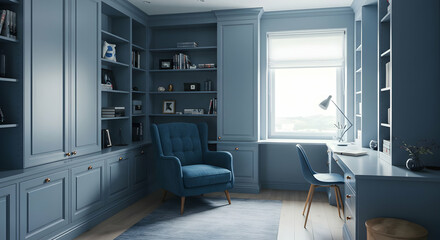 Gray And Blue Home Office Library With Cozy Chair