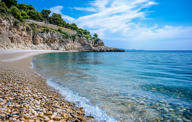 Tranquil beach scene with clear water and rocky shoreline