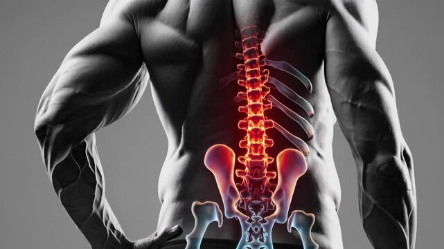 Muscular bodybuilder revealing anatomical details of spine and pelvis, demonstrating potential lower back pain indicators for medical visualization and healthcare education purposes