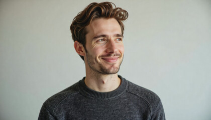 Obraz premium A portrait headshot photo of a friendly professional CEO executive business worker: A young man with curly brown hair and a short beard smiles gently while looking upwards and to the side against