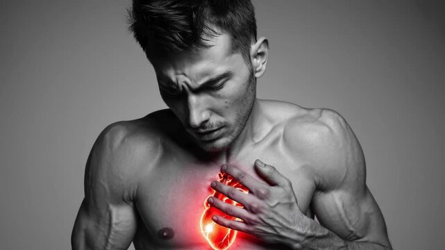 Cardiac distress visualized, middle aged male gripping chest, experiencing severe heart attack symptoms, glowing red heart overlay highlighting medical emergency
